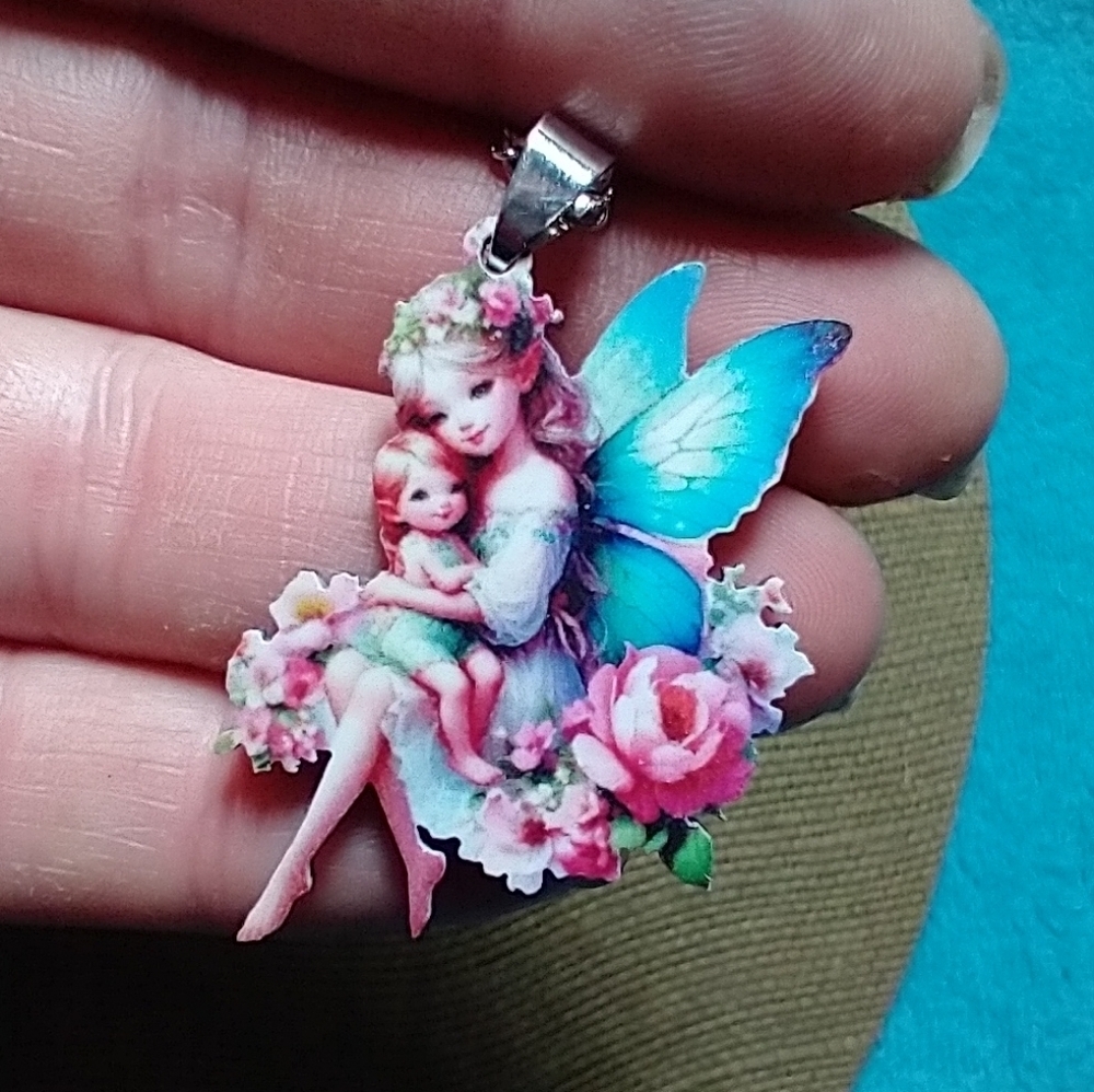 Fairy Pendant with Blue Wings and Pink Flowers chain necklace